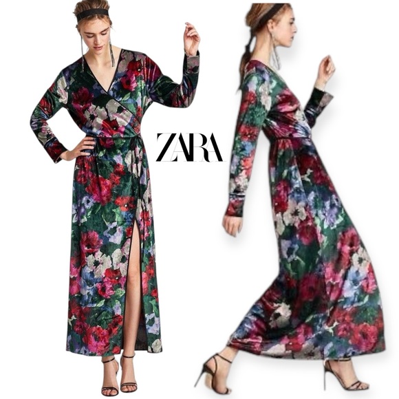 ZARA ACCESSORIES KIMONO VELVET FLORAL LONG SLEEVED LONG MAXI WRAP DRESS USA M - Picture 1 of 11